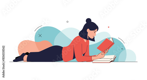 Illustration of a woman lying down and reading a book on a white background.