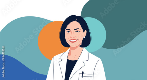 Illustration of a smiling female doctor in a white lab coat against a colorful abstract background.