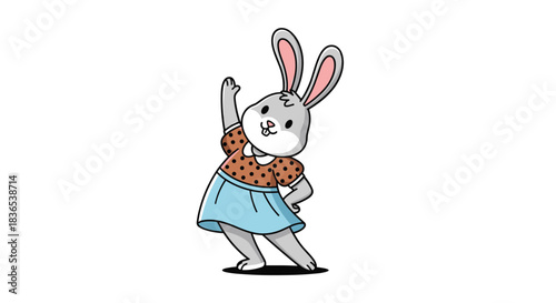 Cute cartoon rabbit wearing a polka dot shirt and blue skirt dancing on a white background.