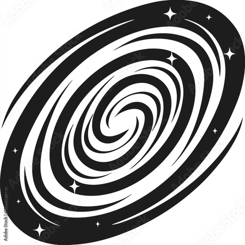 Stylized dark galaxy swirl surrounded by twinkling stars shines against white background