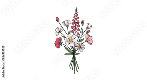 A simple drawing of a small bouquet of wildflowers with pink and white petals.