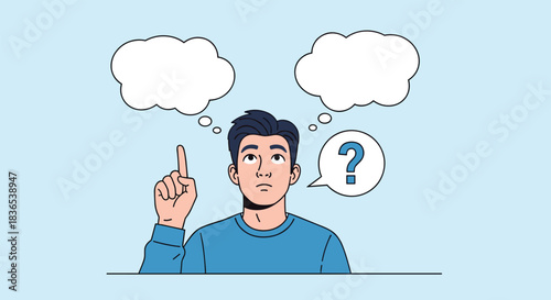 A person looking up thoughtfully with two blank thought bubbles and a question mark in a speech bubble.
