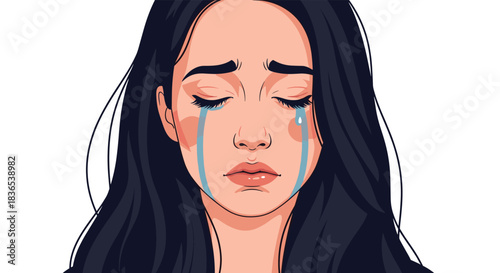 Illustration of a sad woman crying with tears streaming down her face.