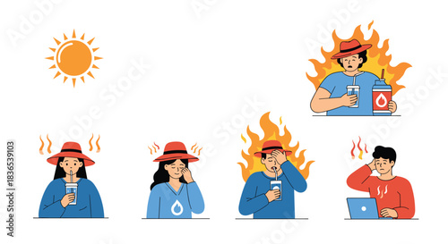 Illustrations depicting the impact of extreme heat on people, showing discomfort and signs of overheating.