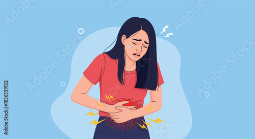 Young woman in pain, clutching her stomach with cramps and tears.