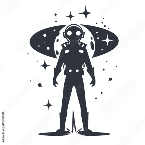 Silhouette shows the space traveler and cosmic view with planets and stars around him
