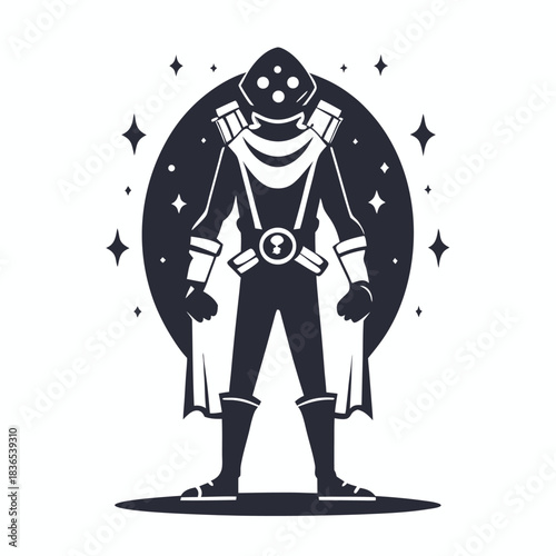 Mysterious hero with cloak and mask stands amid twinkling stars for a dramatic poster