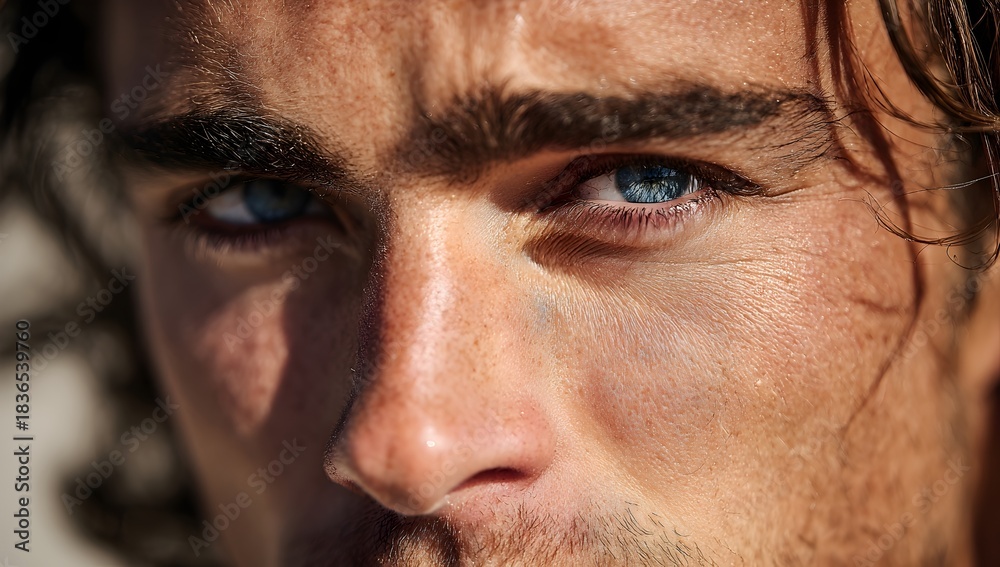 Obraz premium Close-up of a man’s face with vivid blue eyes, natural freckles, and sunlit skin, showcasing detailed texture and realistic expression.