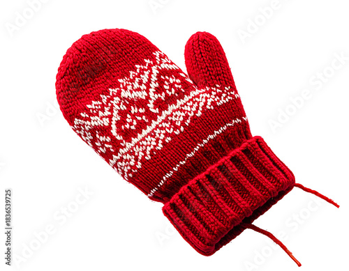 Red knitted mitten with transparent background