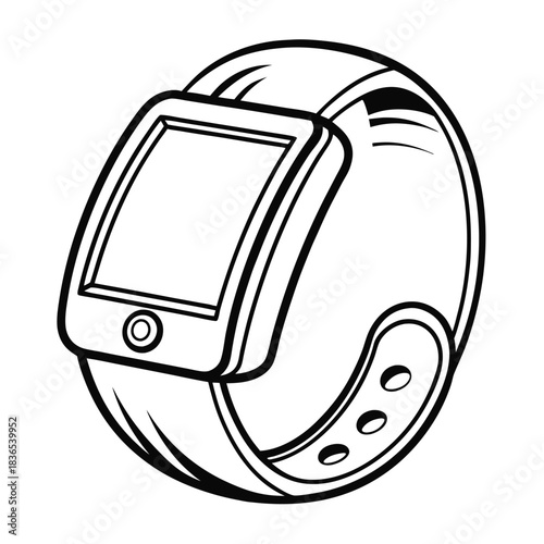 Isolated black and white smart watch outline shows its features on a plain background