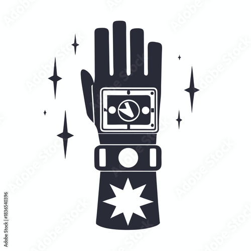 Dark silhouette hand wearing futuristic gauntlet and sparkling among abstract stars evokes science fiction