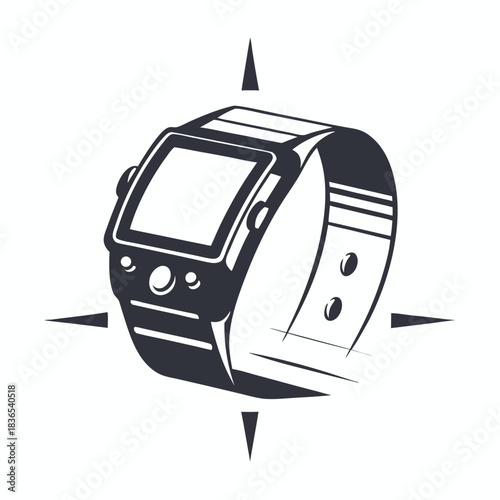 Watch face is displayed with four compasspoint shapes around it in a simple pattern