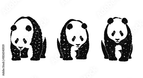 Stylized panda bear silhouettes with stipple effect in trio composition