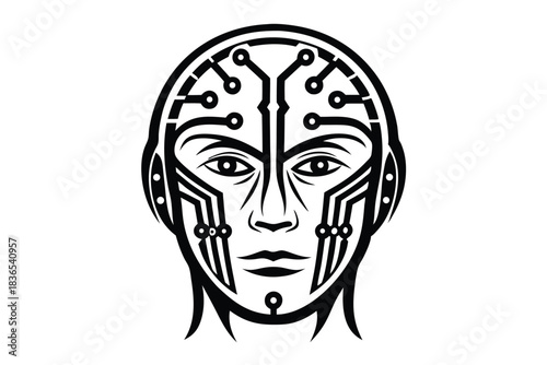 Bionic humanoid face displays cybernetic enhancements with a futuristic interface connection design in black