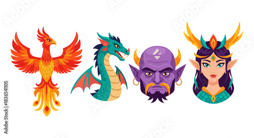 Fantasy characters: phoenix, dragon, genie, and elf princess icons