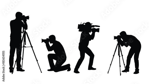 Photographers and videographers in action capturing moments with their equipment silhouette