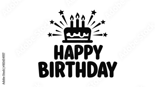 A birthday cake with lit candles and celebratory text a bold silhouette