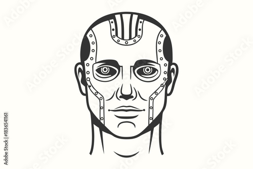 Humanoid robot face exhibits symmetrical design with multiple circle details in black lines