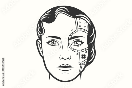 One half of the woman's face is robotic in this unique black and white image