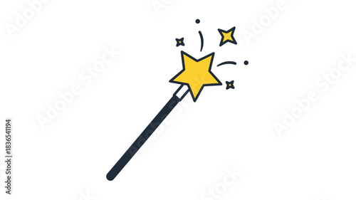 A vibrant yellow star with a magic wand whimsical graphic illustration silhouette