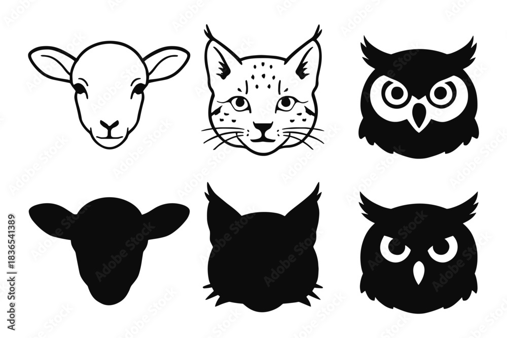 Obraz premium Animal silhouette and outline set featuring sheep, cat, and owl faces
