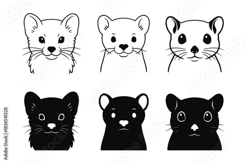 Minimalist ferret, weasel and hamster silhouettes in monochrome style