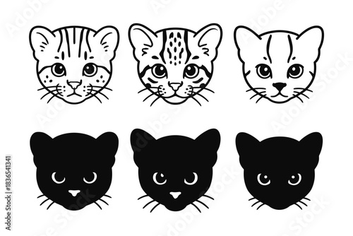 Cute cat faces collection with outline and silhouette styles on white background