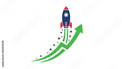 Rocket ship launching on a green arrow symbolizing growth a distinct silhouette