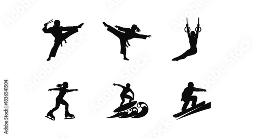 Dynamic silhouettes of athletes engaged in martial arts, gymnastics, and extreme sports