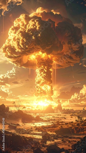 A colossal mushroom cloud erupts into the sky, painted with fiery hues of orange and yellow, casting an apocalyptic glow