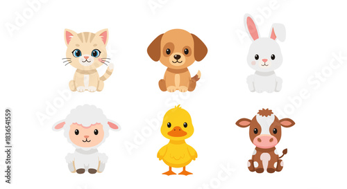 Cute farm and pet animals set: kawaii style cat, dog, rabbit, sheep, duck, cow