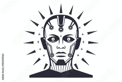 Abstract stylized humanoid robot head is surrounded by sharp triangles in monochrome black