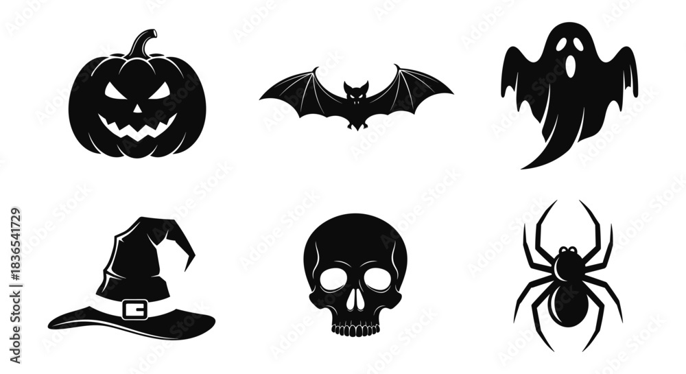 Fototapeta premium Spooky halloween silhouette icons: pumpkin, bat, ghost, witch hat, skull, spider