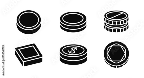 Collection of casino chip icons with simple black and white design