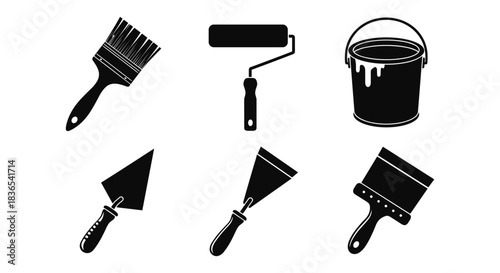 Silhouette painting tools collection: brushes, rollers, and buckets for diy projects