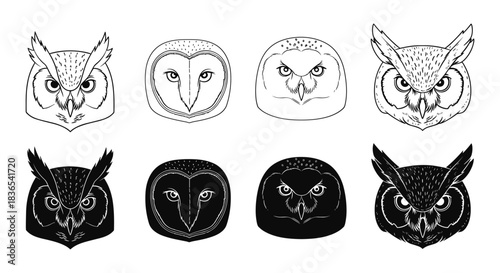 Collection of owl heads in linear and silhouette styles