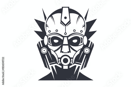 Black and white drawing showcases the human like face of a cyborg robot