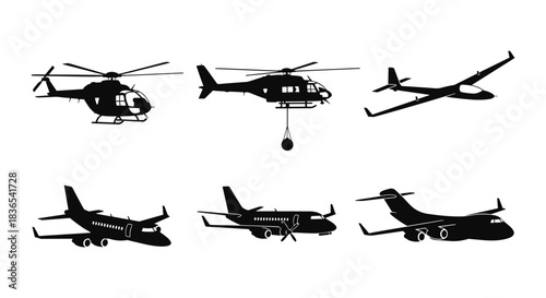 Silhouette collection of various aircraft types featuring helicopters and airplanes