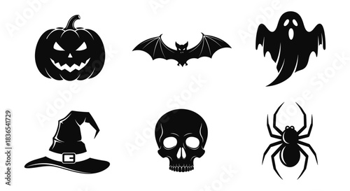 Spooky halloween silhouette icons: pumpkin, bat, ghost, witch hat, skull, spider