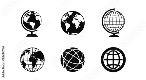 Set of globe icons: black and white silhouette designs for geography and education