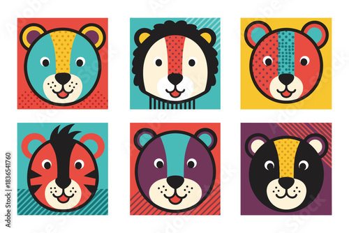 Colorful geometric animal faces in square patches showcasing playful cartoon style