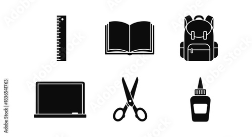 School supplies silhouette icons: ruler, book, backpack, laptop, scissors, glue