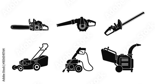 Set of silhouette gardening tools: chainsaw, leaf blower, hedge trimmer, lawn mower, pressure washer, wood chipper