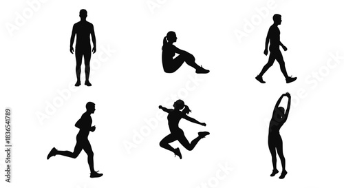 Diverse silhouette portraits of active people in various athletic poses and movements