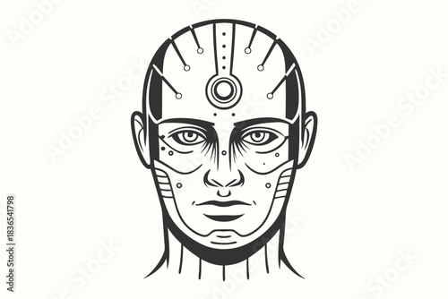 Monochromatic cyborg figure with intricate mechanical detailing is seen from the chest upward