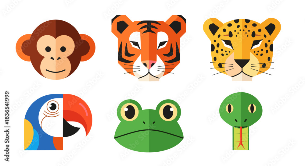 Obraz premium Colorful flat animal faces featuring wildlife and jungle creatures