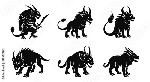 Fantasy monster silhouettes: fierce creatures in dramatic black designs