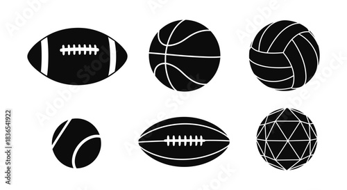 Silhouette sports balls collection: american football, basketball, volleyball, tennis