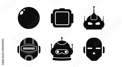 Silhouette set of futuristic robot and face icons on white background
