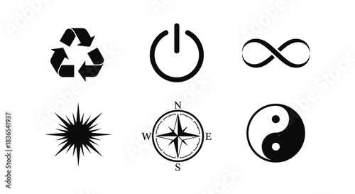 Icons set: recycle, power, infinity, starburst, compass, yin yang symbols